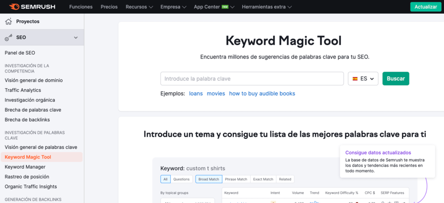 Panel de datos de SEMRush para keywods