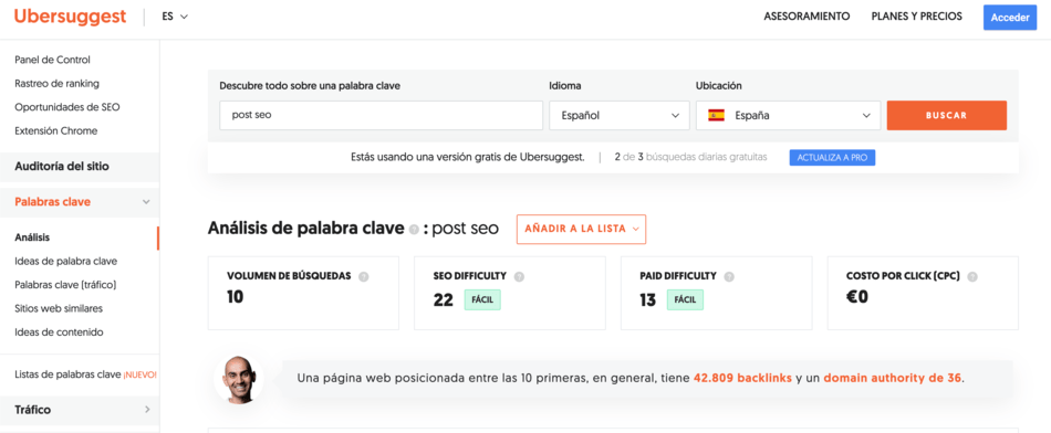 Panel de datos para post SEO de Ubersuggest