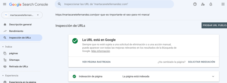 Panel de indexación de Google Search Console
