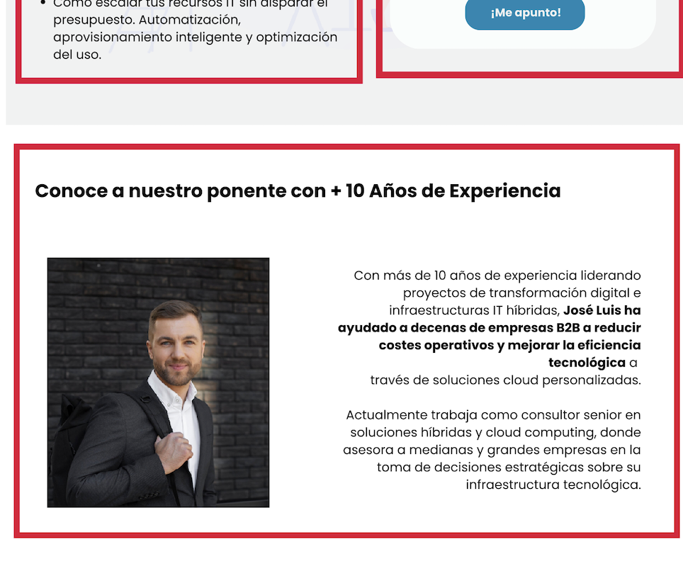 Mostramos la experiencia de la empresa, del ponente, etc.